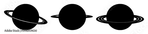 Planet set with black silhouette of a ringed world on a white background featuring planet, rings, space with astronomy and celestial