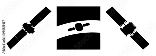 Satellite set with black silhouette on white background featuring space, navigation, technology with orbit and distance in space