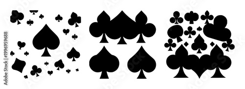 Black silhouette, white background: card suits set with simple line art design featuring simple design, minimalist, black and white with illustrations and graphics