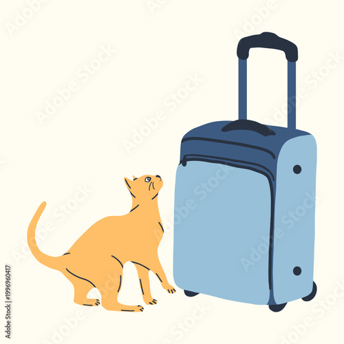 Cat with luggage. Concept of travel with pet. Illustration of a cat reaching for a suitcase. Vector flat clipart. 