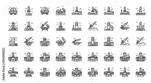 Collection of various rocket launch icons in a minimalist style for design.