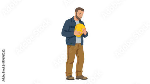Disheartened Construction Worker Holding Yellow Hard Hat Reflecting Workplace Stress and Job Loss Concerns in the Industry
