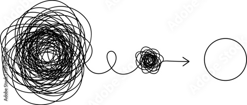 Abstract problem solving concept, chaos to clarity transformation, tangled scribble to clean circle, organization process illustration, creative solution pathway, flat vector illustration