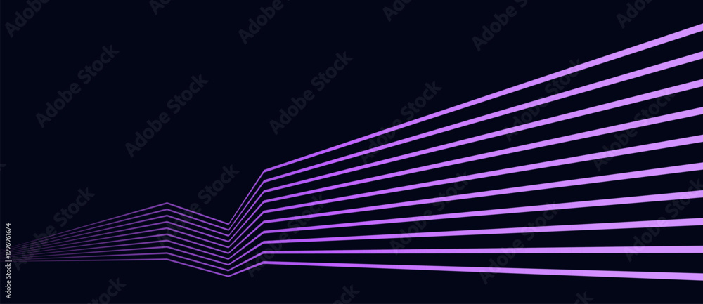 Foto Abstract glowing purple parallel lines with a sharp angular bend on a dark navy background, forming a dynamic geometric composition in minimal vector style