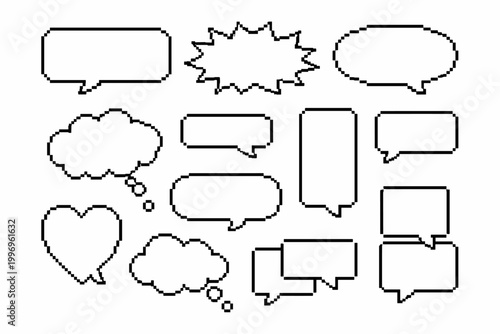 Blank Pixel Art Speech Bubble Set, Empty Pixelated Chat Frame Collection, Retro 8-bit Border Shape Pack for Game Dialogue, Communication, and Comic Design Elements on White Background
