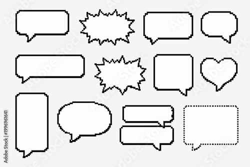 Collection of Blank Pixel Art Speech Bubbles and Text Boxes. Retro 8-bit Style Dialogue Frames for Games, Apps, and Social Media. Set of Empty Pixelated Chat Bubbles, Heart, and Shout Shapes.