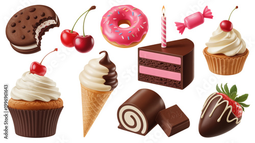 Colorful assortment of desserts and sweets on white background Vector