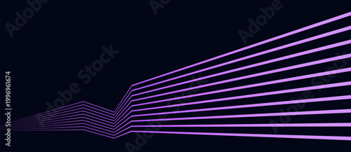 Abstract glowing purple parallel lines with a sharp angular bend on a dark navy background, forming a dynamic geometric composition in minimal vector style.