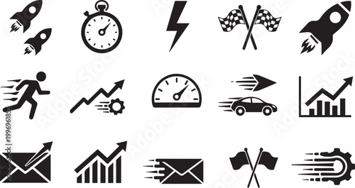 Speed performance icons set – fast motion vector symbols – rocket stopwatch running car growth and success pictograms .