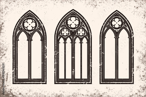 Gothic Window Frames Set with Pointed Arches and Distressed Grunge Texture, Medieval Cathedral Architecture Elements with Quatrefoil Tracery, Vintage Church Window Outlines for Design Projects