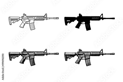 Set of four assault rifle illustrations showcasing various hand-drawn techniques like line art, solid silhouette, cross-hatching, and stippling for tactical, military, and gaming design projects.