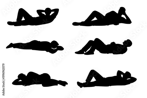 Set of Six Silhouettes of Men Lying Down in Various Relaxing Poses, Male Figures Resting, Sleeping, and Napping in Simple Flat Vector Illustration Style Isolated on a White Background