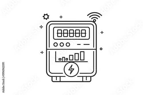 Smart Electricity Meter Outline Vector Icon. Digital Electric Meter with Wi-Fi Signal and Energy Consumption Graph. Minimalist Flat Illustration for Power Monitoring and Utility Management.