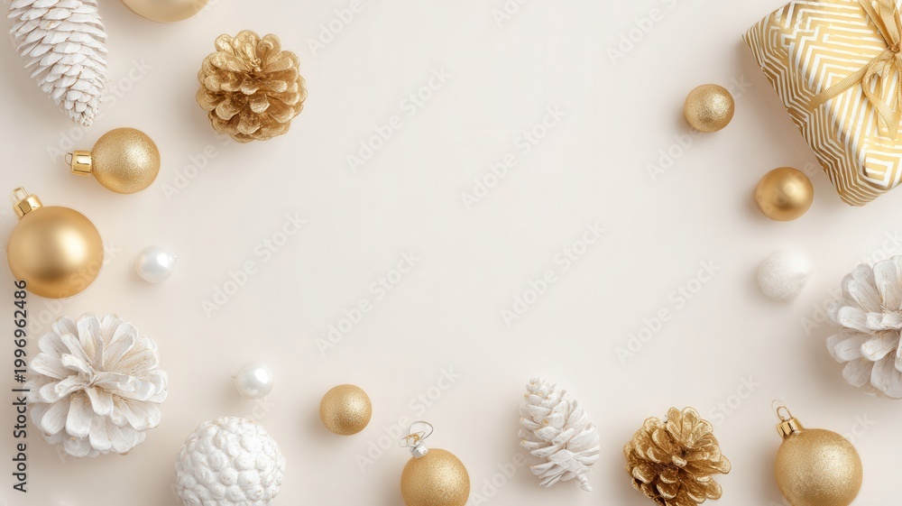 Obraz premium Christmas winter holiday composition with evergreen decorations, gifts, and copy on white background space