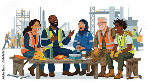 Construction Workers Lunch Break Diverse Team Building Site Industry Collaboration Vector Illustration