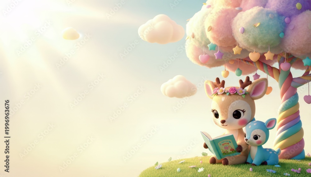 Naklejka premium Cute deer reading under pastel candy tree