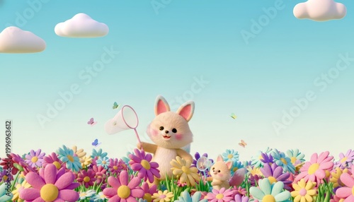 Cute bunnies with nets in flower meadow