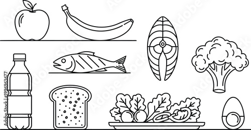 Black and white line of various food apple banana fish sushi broccoli