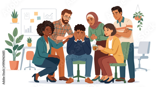 Supportive Coworkers Comforting Upset Colleague Diverse Team Workplace Empathy Illustration