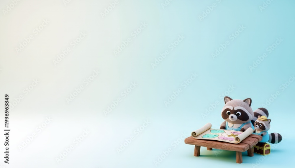 Fototapeta premium Cute raccoons studying treasure map together