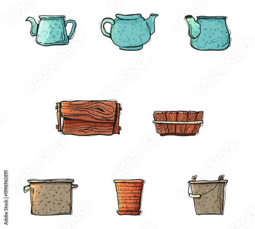Watercolor Style Vector Set Empty Planters Teapots Wooden Boxes Terracotta Pots Hand Drawn