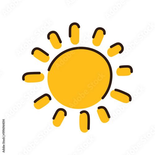 Bright yellow sun icon with short rounded rays in playful doodle style. Simple hand drawn sun symbol for kids designs, weather icons, and summer flat vector art.