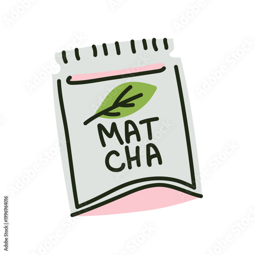Hand drawn packet of matcha green tea powder. Single serve sachet or bag for quick healthy beverage preparation. Flat vector illustration for packaging design and supplement ads.