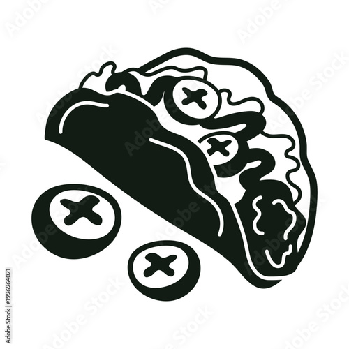 Hand drawn Mexican taco illustration in black and white style with tomatoes and lettuce. Minimalist fast food doodle icon for mexican restaurant menus and street food.