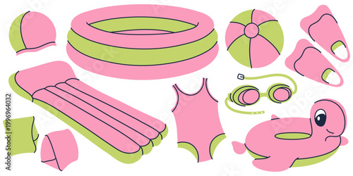 Vibrant vector set of summer pool party essentials including inflatable pool, mattress, ball, and swim gear in pink and lime green. For vacation and leisure designs