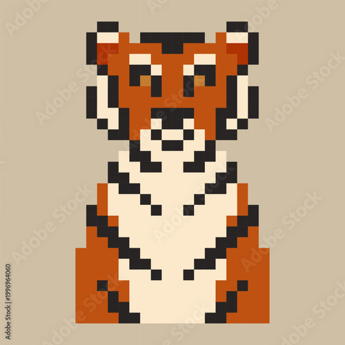 Pixel art illustration of a tiger in a front-facing view. Minimalist 8-bit style on a light background. Perfect for children’s projects, games, stickers, icons, and retro-themed designs. Vector