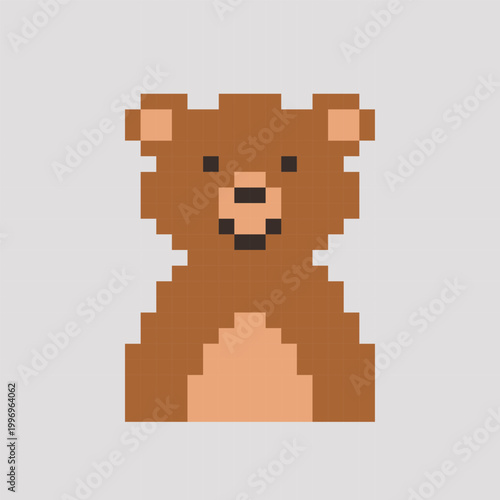 Pixel art vector illustration of a small teddy bear in a simple retro 8-bit style. This adorable bear design has a clean, symmetrical shape. Perfect for use in indie games, mobile apps, stickers, icon