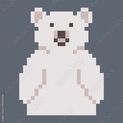 Pixel art illustration of a polar bear. Perfect for children’s themes, winter designs, Arctic wildlife concepts, retro game assets, stickers, and digital decor. Vector