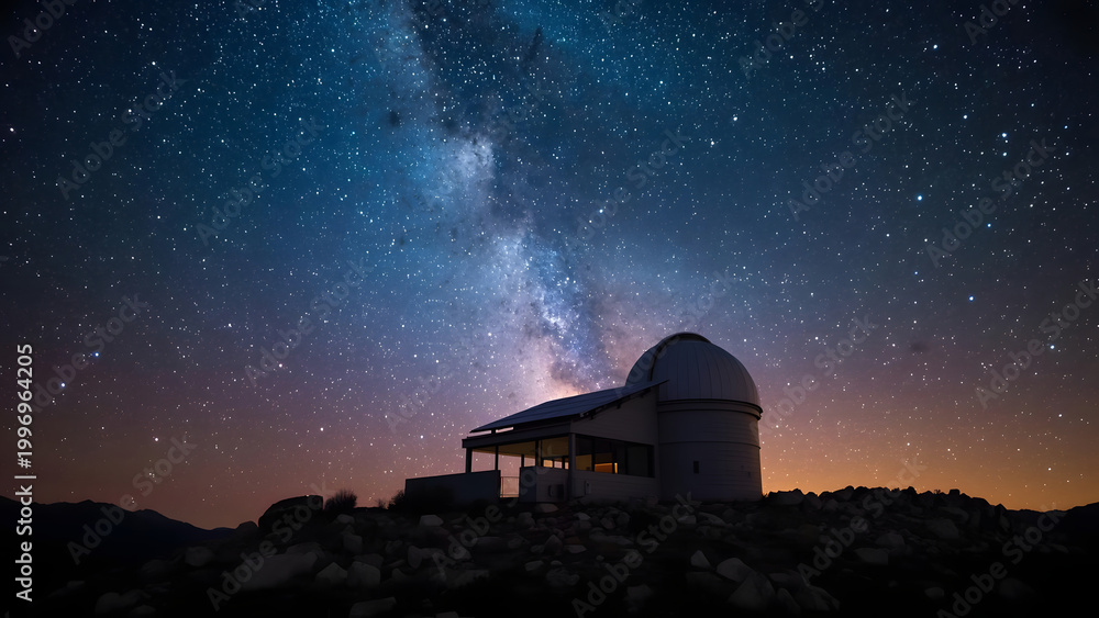 Obraz premium Observatory under Milky Way galaxy and starry night sky, astronomical research
