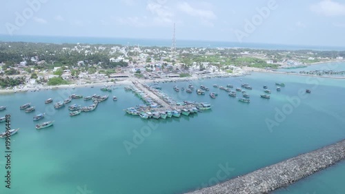Stunning Drone Shot of Fishing Boats Docked at Rameswaram Harbour