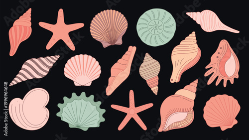 pastel seashell vector collection, hand drawn marine silhouettes, vintage coastal collage style, elegant summer beach design elements for invitations, menu covers, posters, and trendy packaging.