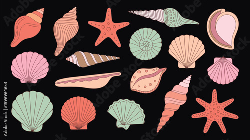 pastel seashell vector collection, hand drawn marine silhouettes, vintage coastal collage style, elegant summer beach design elements for invitations, menu covers, posters, and trendy packaging.
