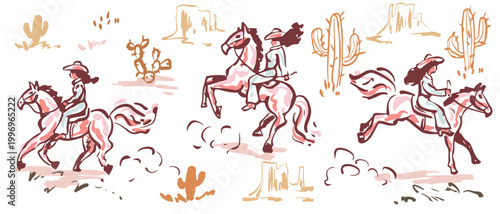 Cowgirl riding horse in desert elements set