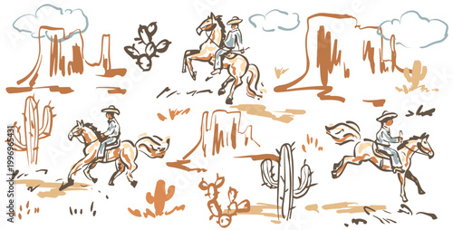 Cowboy riding horse in desert elements set