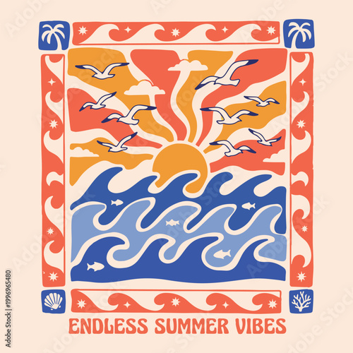 Endless summer vibes. Beach hand sketch graphic print design for t shirt print, poster, sticker, background and other uses. Summer vibes graphic print design. Sunshine beach vector art. Paradise. Beac