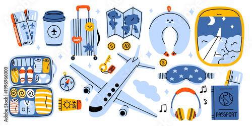 Vector set of cute travel and vacation clipart. Airplane, luggage, passport, ticket, suitcase, sleeping mask, flight window. Travel flat accessory collection for tourism blog, adventure design.
