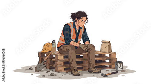 Exhausted Construction Worker Taking Break On Pallet Seating Reflecting Hard Labor And Industry Challenges
