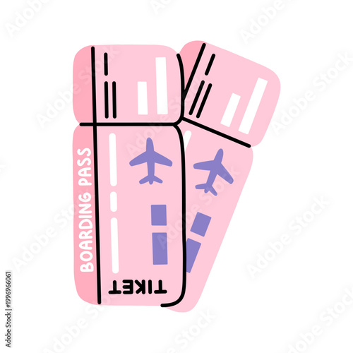 Vector illustration of cute pink airplane boarding pass ticket with plane icon. Fun travel pass graphic for vacation flyer, tourism blog and airport sticker design.