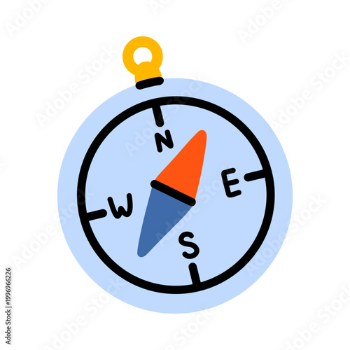 Vector round compass with blue face, orange and blue needle, yellow loop and black N W S E letters. Minimal navigation tool illustration in flat style for travel, adventure and direction theme.
