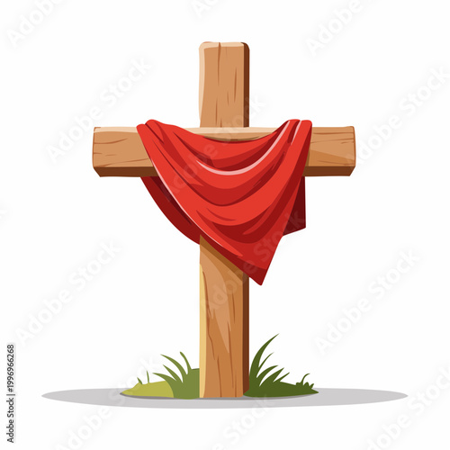 Wooden Cross with Red Drape and Grass