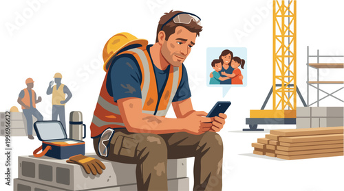 Construction Worker Taking Break Looking at Family Photo on Smartphone at Building Site Industrial Scene
