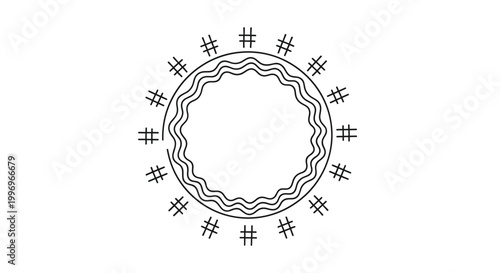 Decorative circular border design featuring multiple wavy inner lines and a series of hash marks distributed evenly around the outer edge.
