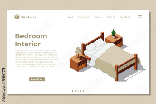 Isometric bedroom landing page. Bedroom interior. Bedroom banner. Bedroom concept for website template or landing homepage