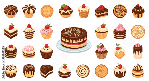 Large collection of gourmet desserts including cakes, cupcakes, and muffins with various frosting, fruit, and chocolate toppings on white.