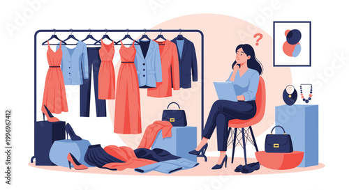 Young woman sitting in her dressing room feeling indecisive while looking at various clothes hanging on a rack and accessories.