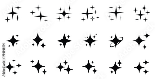 Sparkle star icons. Shine icons. Stars sparkles vector. .Vector set of different black sparkles icons on transparent background. Vector illustration.